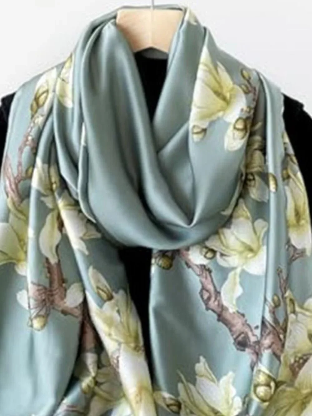 Green Magnolia Satin Scarf Women's Oversized Floral Shawl Evening Wrap
